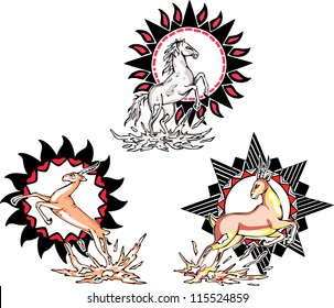 Totems - horse and antelope with solar signs. Set of vector illustrations.