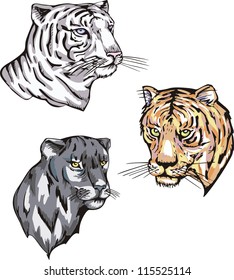 Totems - panther and tiger with solar signs. Set of vector illustrations.