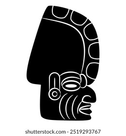 Totonac human head. Native American art. Pre Columbian Mexican Indian design. Portrait of a man in profile. Black and white silhouette.