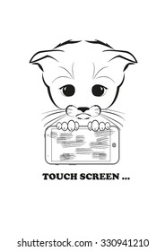 Totono, saddest kitten in the world. He holds scratched phone in his paws - touch screen just cant withstand his claws. Black vector illustration isolated on white background. 