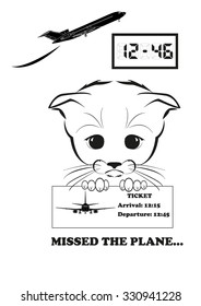 Totono, saddest kitten in the world. He just missed his plane for only a minute. And all sadness of the world is in his eyes. Black vector illustration isolated on white background. 