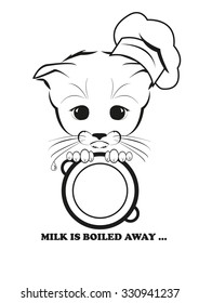 Totono, saddest kitten in the world. He holds empty pan in his paws - all milk is boiled away. And all sadness of the world is in his eyes. Black vector illustration isolated on white background. 