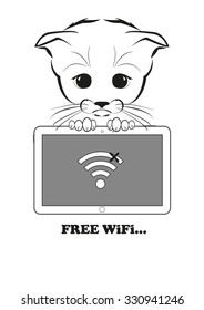 Totono, saddest kitten in the world. He holds a tablet and want to access free wifi point - but wifi is not available. Black vector illustration isolated on white background. 
