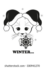 Totono, saddest kitten in the world. He holds snowflake in his paws. Winter is coming. And all sadness of the world is in his eyes. Black vector illustration isolated on white background. 