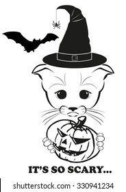 Totono, saddest kitten in the world. Totono holds pumpkin and wear witch hat on Halloween, but he is still very scared. Black vector illustration isolated on white background. 