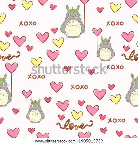 Totoro hearts for san valentine day. Print, card, pattern design, decoration  Foto stock © 