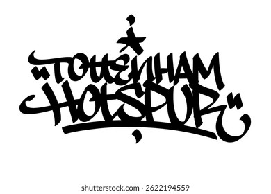 Tottenham Hotspur graffiti tag in bold black ink on white background. Urban street art lettering, sleek and powerful design, perfect for branding, prints, streetwear, and digital projects.
