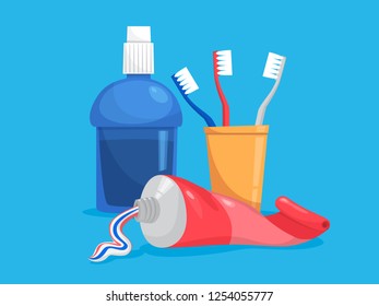 Totthpaste tube and toothbrush for a dental care. Equipment for keeping teeth clean. Healthcare equipment concept. Isolated flat vector illustration