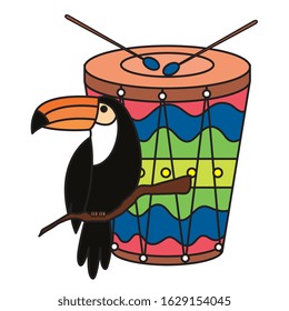 toucan animal exotic with drum isolated icon vector illustration design