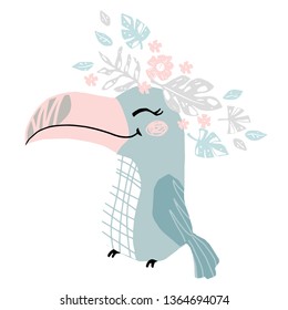 Toucan baby girl cute print. Sweet bird. Cool african animal illustration for nursery t-shirt, kids apparel, party and baby shower invitation. Simple child design