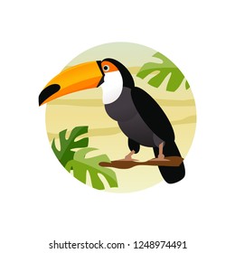 Toucan in the background of the tropics. Vector illustration