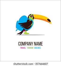 Toucan. Toucan with a backpack. Vector logo for a travel Agency.