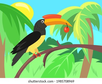 Toucan with berry illustration in cartoon style. Exotic bird with cherry sitting on tree branch. Cute jungle animal, bird. Wildlife, nature concept for website or landing page