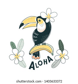 Toucan bird Banana fruits and flowers illustration Aloha lettering Exotic Tropical summer decorative print poster design isolated on white. Rainforest nature inspired drawing.