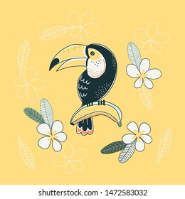 Toucan bird Banana fruits and flowers illustration Exotic Tropical summer decorative print poster design on yellow background. Rainforest nature inspired drawing.