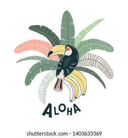 Toucan bird Banana fruits and leaves illustration Aloha lettering Exotic Tropical summer decorative print poster design isolated on white. Rainforest nature inspired drawing.