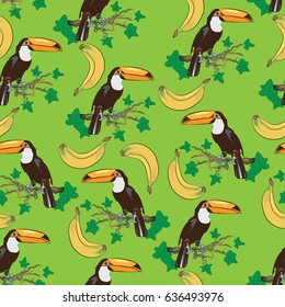 Toucan bird and bananas. Seamless pattern. The nature of the tropics. An exotic bird. Design for banner, poster, textiles, Wallpaper, books, dishes.