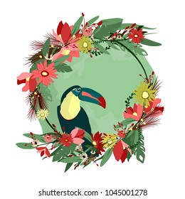 Toucan bird beautiful leaves and flowers. Round vector design. Colorful illustration 