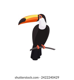 Toucan bird with big bill sitting on tree branch in tropical forest vector illustration