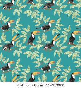 Toucan bird. Branches with leaves. Seamless vector pattern (background).