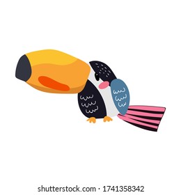 Toucan bird cartoon character. Cute flat vector illustration isolated on white background. South America fauna. Exotic colorful bird for zoo ad, nature concept, children book, print, textile ets