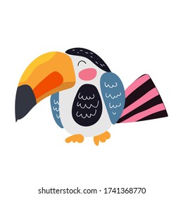 Toucan bird cartoon character. Cute flat vector illustration isolated on white background. South America fauna. Exotic colorful bird for zoo ad, nature concept, children book, print, textile ets