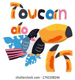 Toucan bird cartoon character and hand lettering funny text toucan do it. Cute flat illustration. South America fauna. Exotic colorful bird for zoo ad, nature concept, children book, print ets