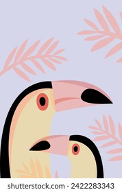 Personaje de dibujos animados de pájaro toscano. Ilustración vectorial de un ave tropical brillante Toucan en una rama de árbol.