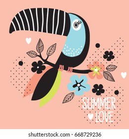 toucan bird cartoon with flowers, T-shirt graphics for kids, tropical bird vector illustration