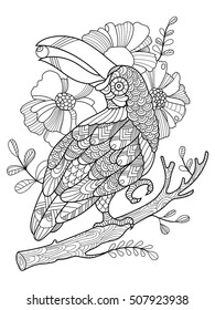 Toucan bird coloring book for adults vector illustration. Anti-stress coloring for adult. Tattoo stencil. Zentangle style. Black and white lines. Lace pattern