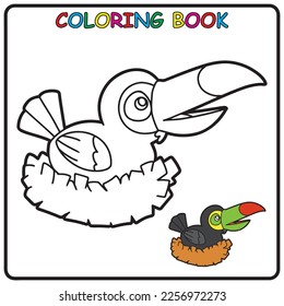 toucan bird coloring page for a children's book with colorful examples. Image in vector format. great coloring activity for children and toddlers