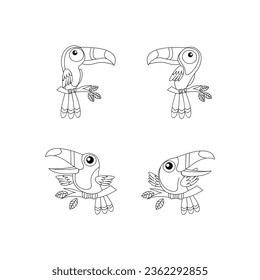 toucan bird drawing line cute black white illustration template set collection