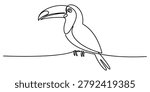 Toucan bird drawing made with a single continuous black line on a plain surface