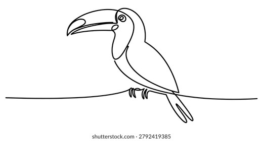 Toucan bird drawing made with a single continuous black line on a plain surface