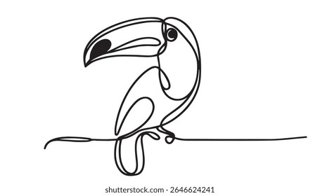 Desenho de pássaro tucano. Este contorno preto e branco ilustra um tucano, uma ave tropical reconhecida por seu bico notavelmente grande e distinto. Desenho de esboço vetorial em desenho artístico.