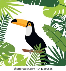 Toucan bird with exotic tropical leaves and flowers. Vector illustration. Toucan bird cartoon character. Wild animal illustration for zoo ad, nature concept, children book illustrating