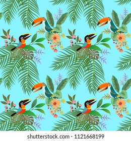 Toucan bird and flowers seamless pattern on blue background.