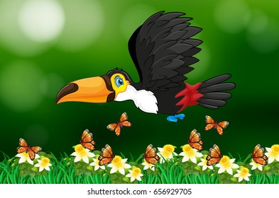 Toucan bird flying in garden illustration