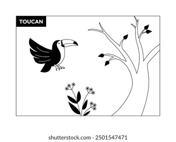 Toucan bird flying near tree in forest, black and white, outline, vector illustration.