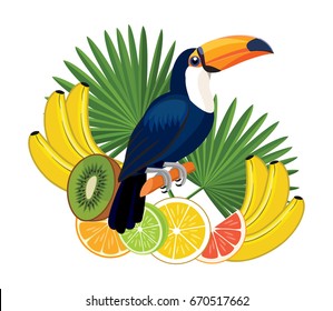  Toucan bird and fruits. Vector illustration.
