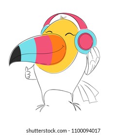 Toucan bird with headphones cool print. Cute childish vector. Hand draw illustration for t-shirt, kids apparel and other design