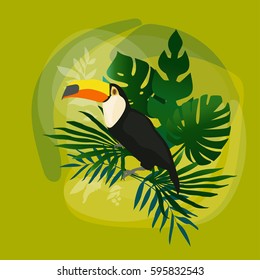 Toucan bird isolated vector illustration with jungle tropical palm leaves