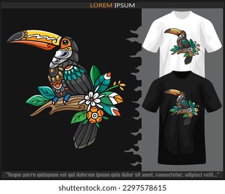 Toucan bird mandala arts isolated on black and white t shirt.