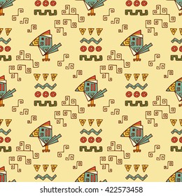 Toucan bird. Mexican abstract patterns with bird. Mexico Vector Seamless pattern. Mexican items - Hand drawn doodle Mexican patterns. Mexican wall pattern with birds and abstract figures