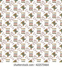 Toucan bird. Mexican abstract patterns with bird. Mexico Vector Seamless pattern. Mexican items - Hand drawn doodle Mexican patterns. Mexican wall pattern with birds and abstract figures