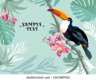 Toucan bird on a branch. Summer composition with a parrot, palm leaves and exotic flowers. Typographic design for a poster, leaflet, invitation card. Vector illustration.