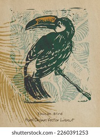 Toucan bird auf einem Ast mit tropischen Blättern Hintergrund. Handgezeichnete Vektorgrafik in Vintage-Technik von Linocut oder Holzschnitt, gestempelt auf einem kornalten Papier.