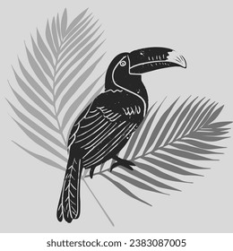 Toucan bird on a branch with tropical leaves background. Hand drawn vector illustration in vintage technique of linocut or woodcut stamped.