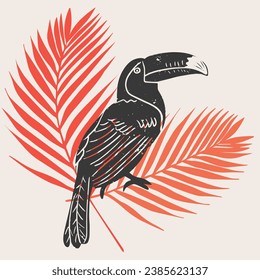 Toucan bird on a branch with tropical leaves background. Hand drawn vector illustration in vintage technique of linocut or woodcut stamped.