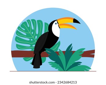 Toucan bird on a tree trunk, lots of leaves around, jungle vector illustration.